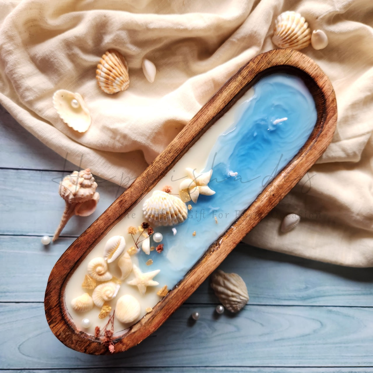 Happishades Handcrafted Wooden Bowl Candle (Fresh & Mystic Fragrance) - 4 Wicked Beach Theme | Decorative Seashell, Blue and White Coastal Theme Candles | Home Decor, Gifting, Table Show Piece