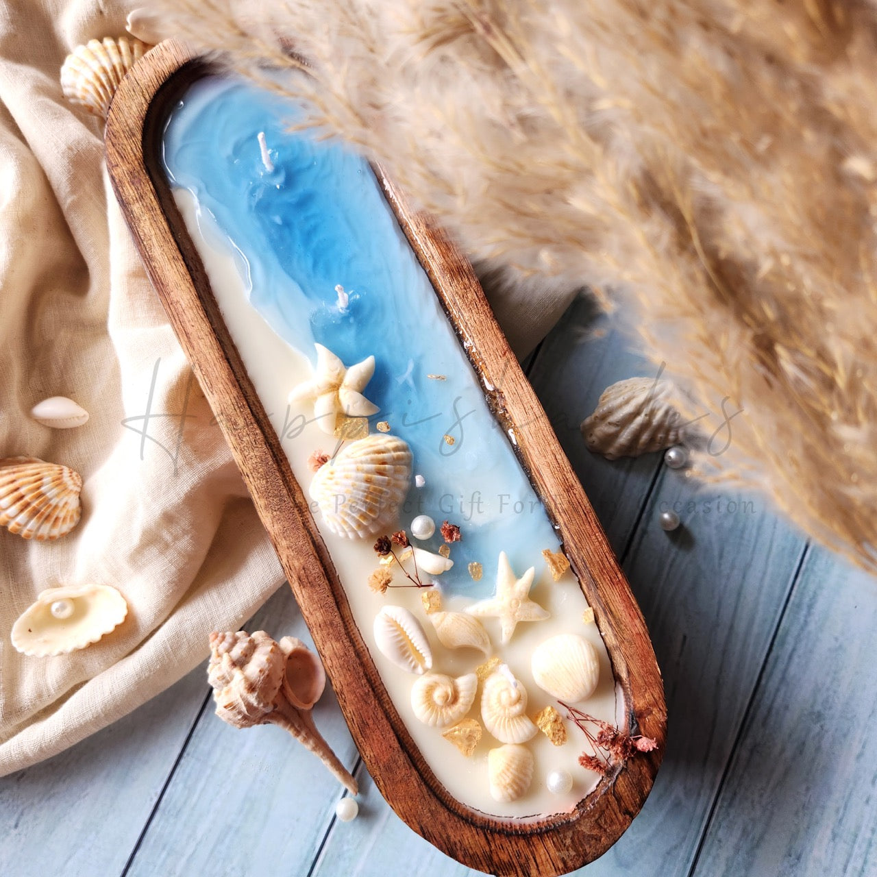 Happishades Handcrafted Wooden Bowl Candle (Fresh & Mystic Fragrance) - 4 Wicked Beach Theme | Decorative Seashell, Blue and White Coastal Theme Candles | Home Decor, Gifting, Table Show Piece