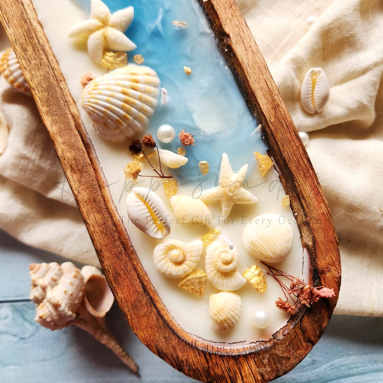 Happishades Handcrafted Wooden Bowl Candle (Fresh & Mystic Fragrance) - 4 Wicked Beach Theme | Decorative Seashell, Blue and White Coastal Theme Candles | Home Decor, Gifting, Table Show Piece