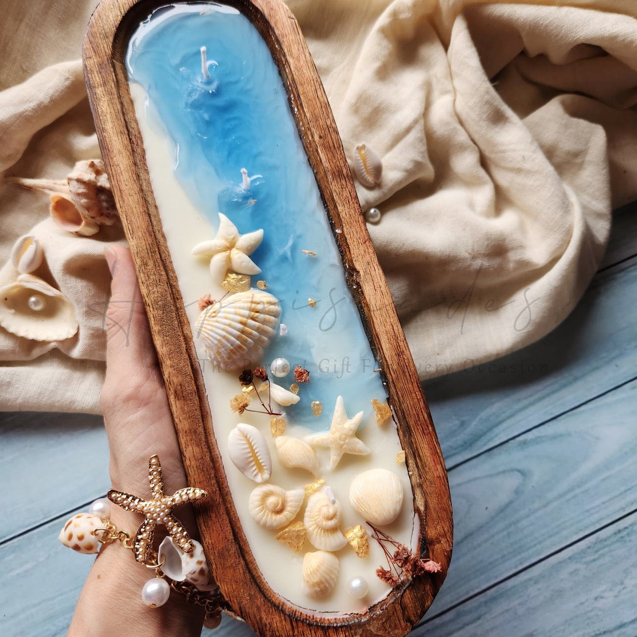 Happishades Handcrafted Wooden Bowl Candle (Fresh & Mystic Fragrance) - 4 Wicked Beach Theme | Decorative Seashell, Blue and White Coastal Theme Candles | Home Decor, Gifting, Table Show Piece