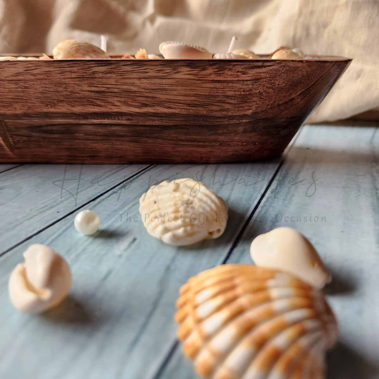Happishades Handcrafted Wooden Bowl Candle (Fresh & Mystic Fragrance) - 4 Wicked Beach Theme | Decorative Seashell, Blue and White Coastal Theme Candles | Home Decor, Gifting, Table Show Piece