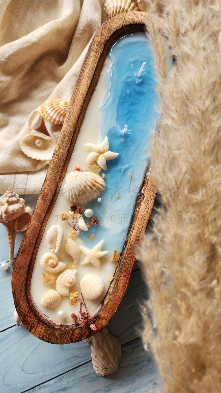 Happishades Handcrafted Wooden Bowl Candle (Fresh & Mystic Fragrance) - 4 Wicked Beach Theme | Decorative Seashell, Blue and White Coastal Theme Candles | Home Decor, Gifting, Table Show Piece