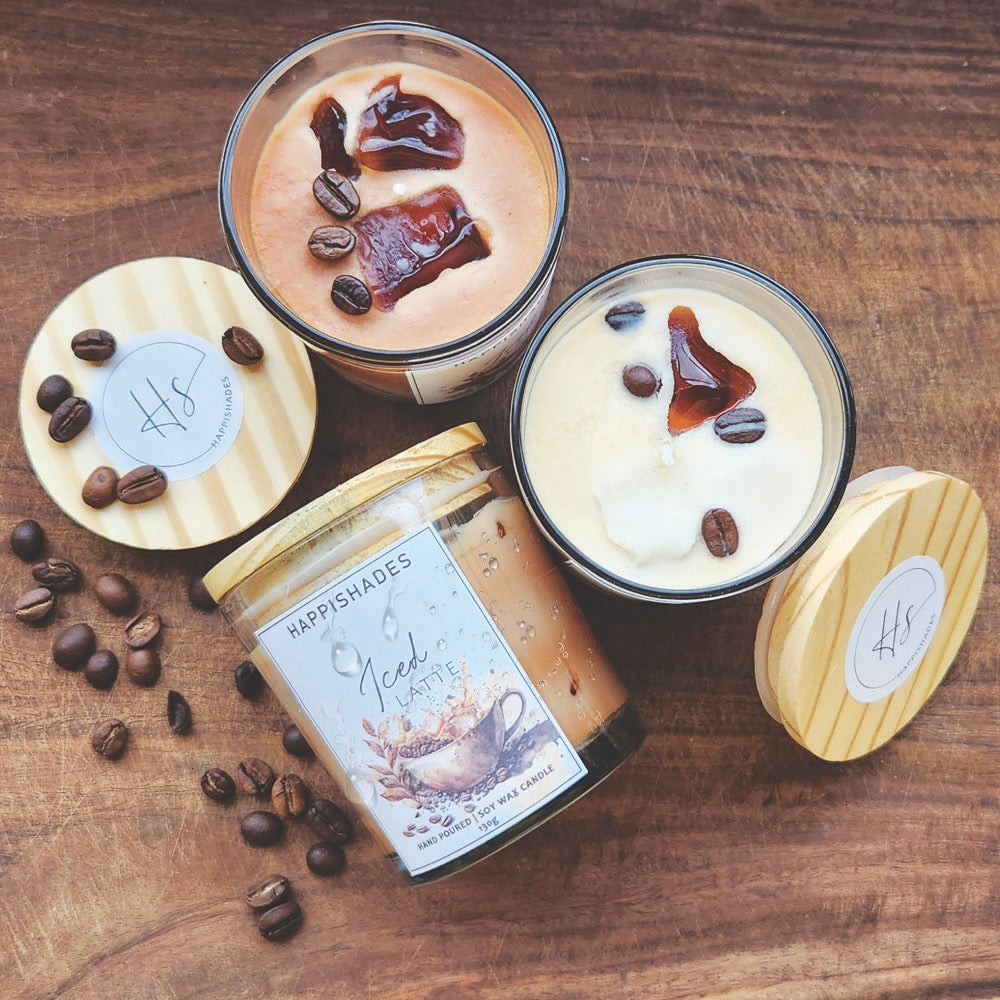 Happishades Iced Coffee Latte Scented Candle Clear Glass Scented Soy Wax Candle with Wooden Lid Aromatic Cold Coffee Fragrance 60Hrs Burn Time | Unique Gift | Home Décor - 140grams