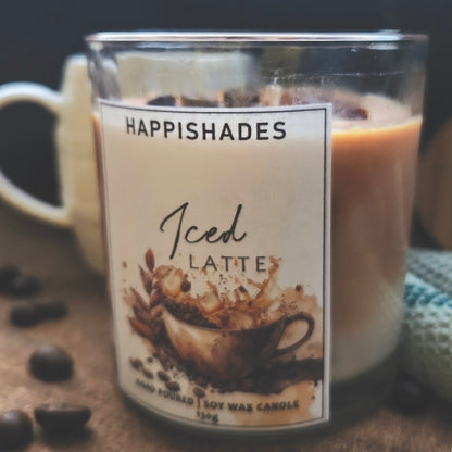 Happishades Iced Coffee Latte Scented Candle Clear Glass Scented Soy Wax Candle with Wooden Lid Aromatic Cold Coffee Fragrance 60Hrs Burn Time | Unique Gift | Home Décor - 140grams