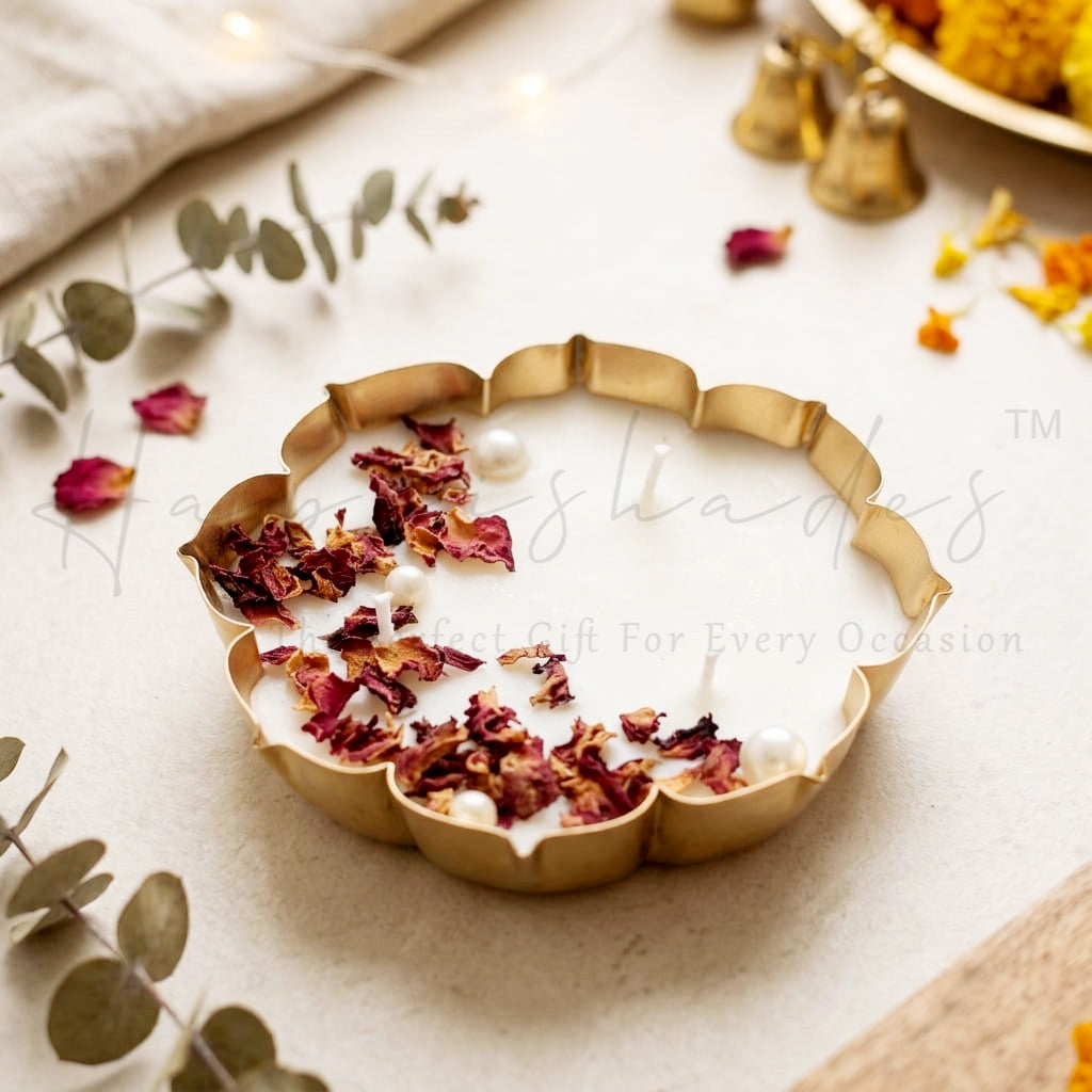 Happishades Golden Lotus Urli Scented Candle, 5-Inch, 150g | Ready-to-gift | window box with Ribbon for Diwali hampers