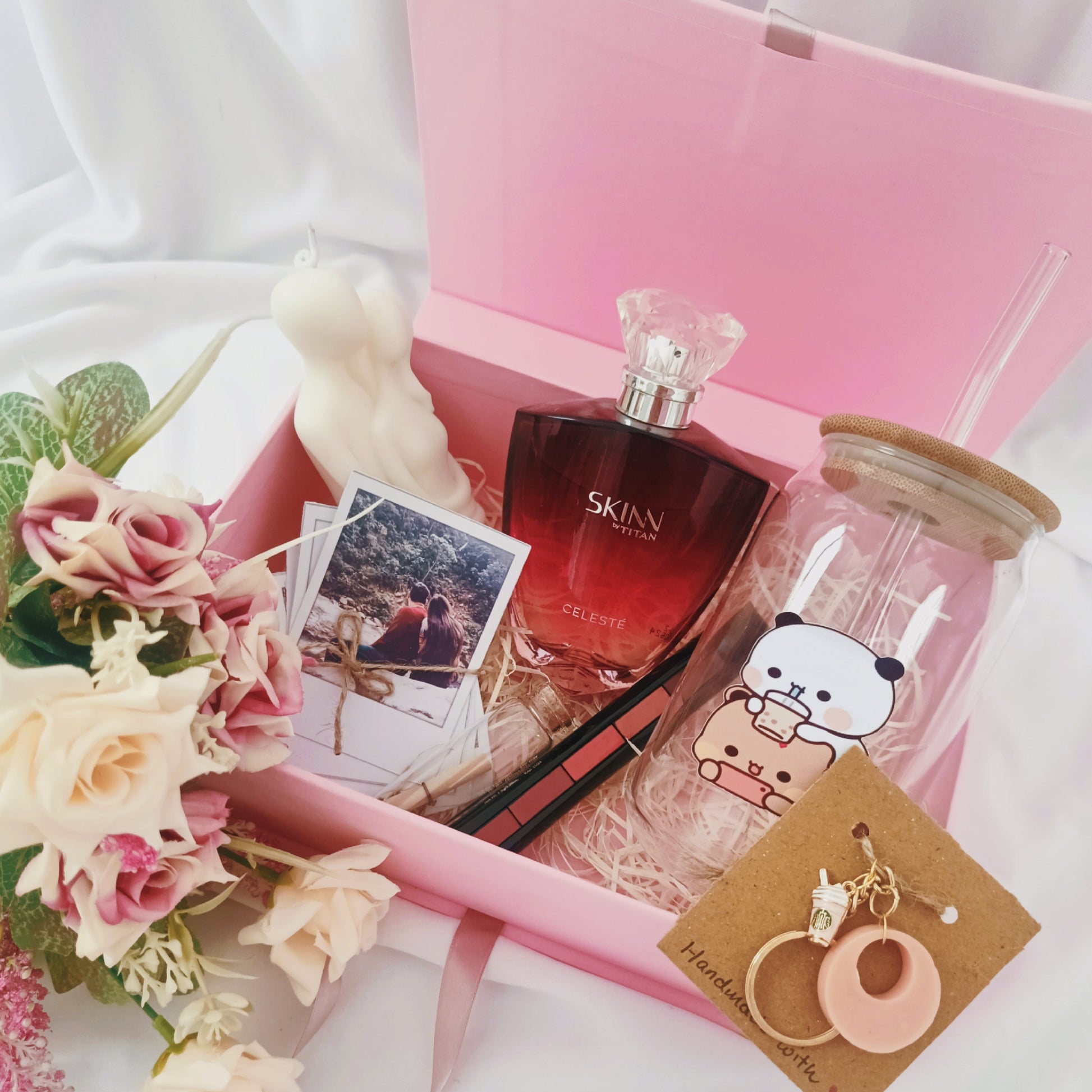 Happishades Gift Hamper contains - Perfume, Sipper Bottle, Keychain, Polaroid Photos, Couple Candle, Lip Stick