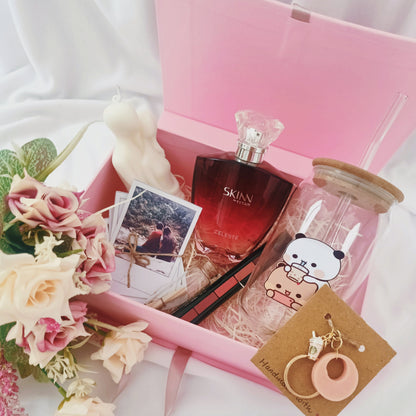 Happishades Gift Hamper contains - Perfume, Sipper Bottle, Keychain, Polaroid Photos, Couple Candle, Lip Stick